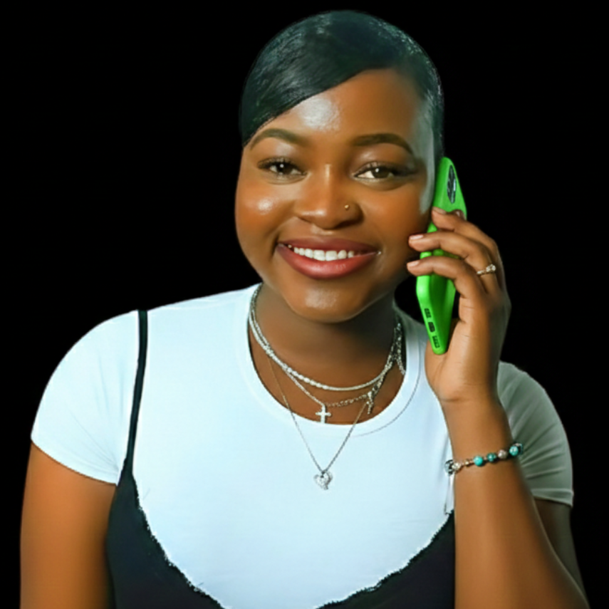 Woman talking on a green phone against a black background